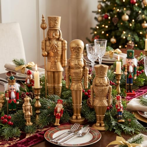 Gold Christmas Nutcracker Figures Set - 3 Pcs Holiday Decor, Resin