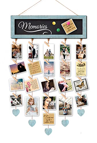 Wall Hanging Photo Collage Display Board with 30 Clips and Magnetic Blackboard
