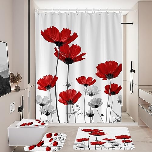 Coxila 4-Piece Red Floral Shower Curtain Set with Non-Slip Bath Mats