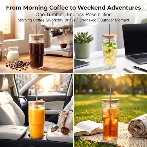 24 oz Glass Tumbler with Bamboo Lid & Reusable Stainless Steel Straw for Iced Coffee