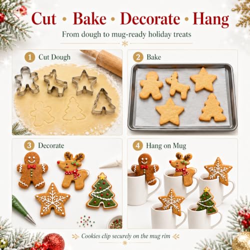 Crethinkaty 4 Pcs Christmas Stainless Steel Mug Rim Cookie Cutters – Edges Over the Edge Cup Moulds, Gingerbread Elk Tree Star