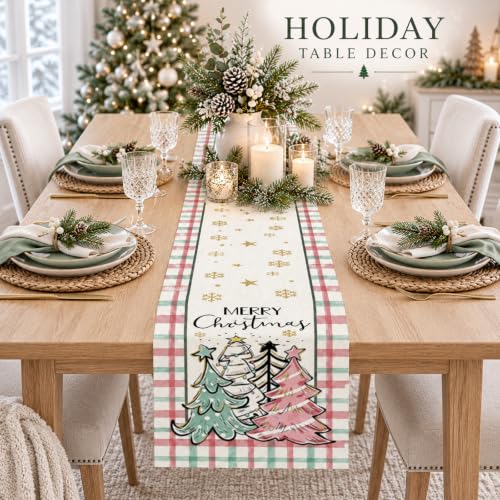 Christmas Table Runner 13x72 Inch Buffalo Plaid Snowflake Xmas Trees Decor