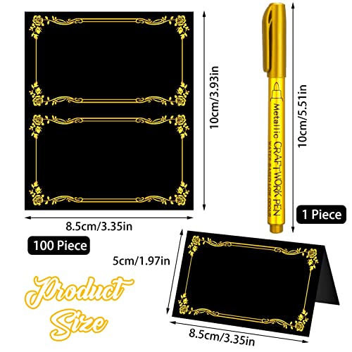 100 Pcs Black Place Cards with Gold Foil Border and Pen for Weddings