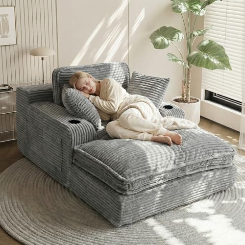 67" Oversized Faux Fur Chaise Lounge Chair with Cup Holders and Storage