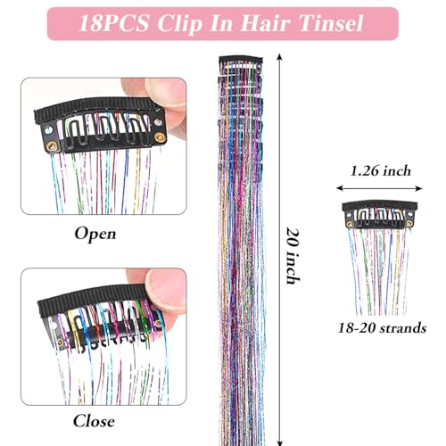 Clip-In Fairy Hair Tinsel Kit for Women & Girls - Laser Color, 23.5 Inch, Glitter Hair Accessories for Parties and Holidays