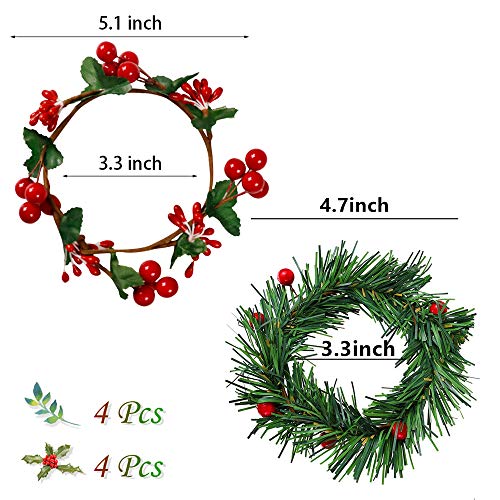 8-Pack Small Christmas Candle Ring Wreaths - Faux Red Berry Centerpieces