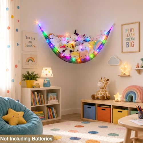 Stuffed Animals Hammock with LED Lights Corner Toy Storage Net