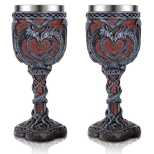 Set of 2 Medieval Dragon Wine Goblets - 7 oz Gothic Stainless Steel Chalice