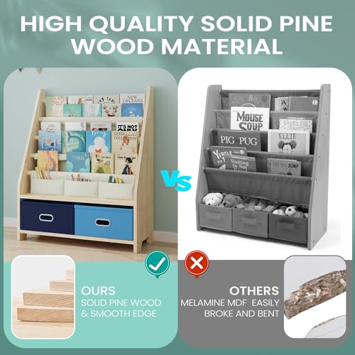 4-Tier Kids Bookshelf and Toy Organizer with Storage Bins, Solid Pine Wood