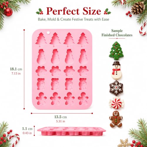 Orapink Christmas Silicone Mold 20-Cavity Pink, 5 Festive Designs – Trees, Snowmen, Candies, Gingerbread Men