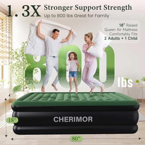 Queen Air Mattress with Built-in Pump, 18in Raised, 800 lb Capacity