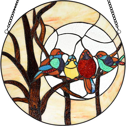 Handmade 16-Inch Round Stained Glass Window Panel - Birds on Tree Branch
