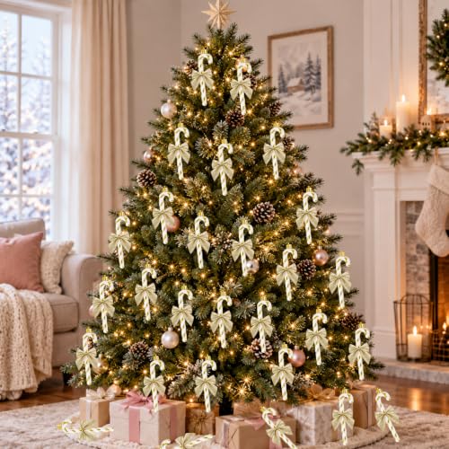Gold and White Glitter Candy Cane Ornaments - 12pcs Christmas Tree Decorations with Bows
