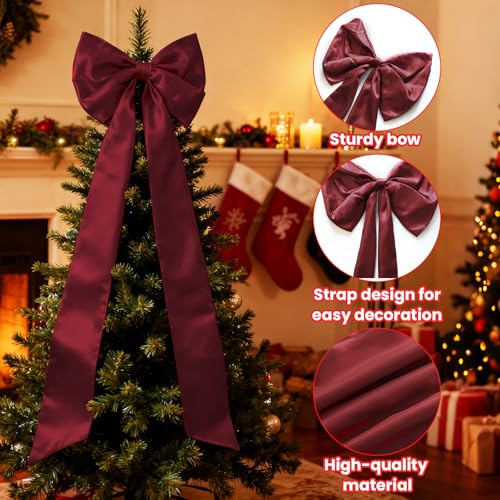 Large Satin Christmas Tree Topper Bow – Wine Red Velvet, 16in Ribbon