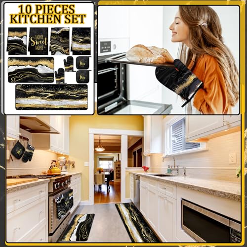 10-Piece Marble Farmhouse Kitchen Decor Set: Towels, Rugs, Mitts & Holders