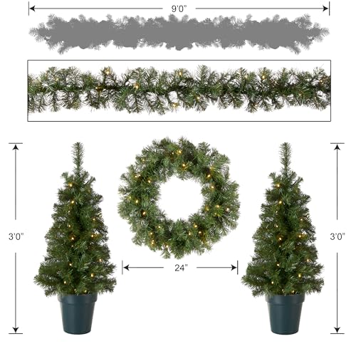 Pre-Lit Artificial Christmas Tree Set with Wreath and Garland - Indoor & Outdoor Holiday Decor