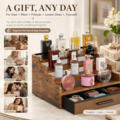 4-Tier Wooden Cologne Organizer with Drawer for Perfume and Grooming