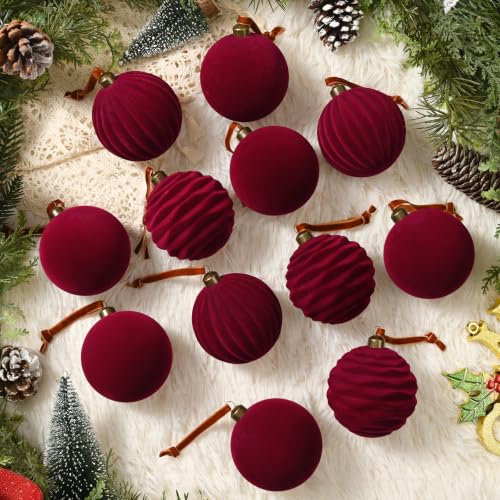 Waipfaru Burgundy Red Velvet Christmas Ornaments Set, 4pcs 5.9 Inch Large Holiday Baubles