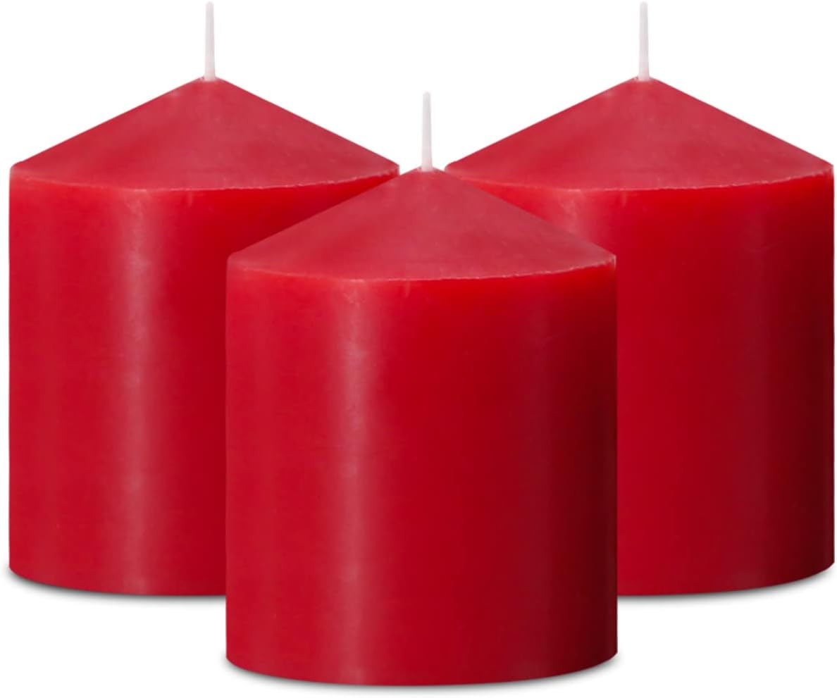 Regine Switzerland Red Pillar Candles - Unscented, Smokeless, Dripless | 3x4 Inch, 3-Pack for 45 Hours Burn