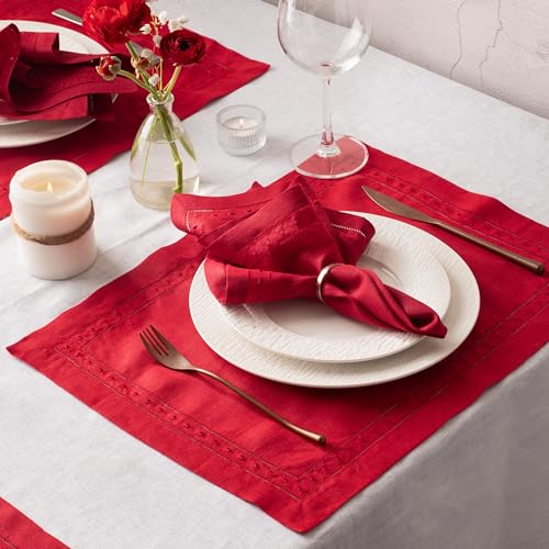Red Linen Napkins Set of 4 18x18 Inch Embroidered Swiss Dot, Handcrafted