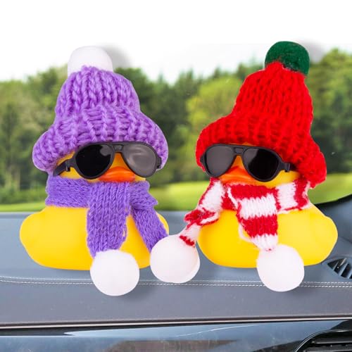 MuMyer Christmas Rubber Duck Car Ornament with Beanie, Sunglasses & Scarf - Black Sunglasses, Red & Red-White Hat, 2 Inches - Holiday Dashboard Decor