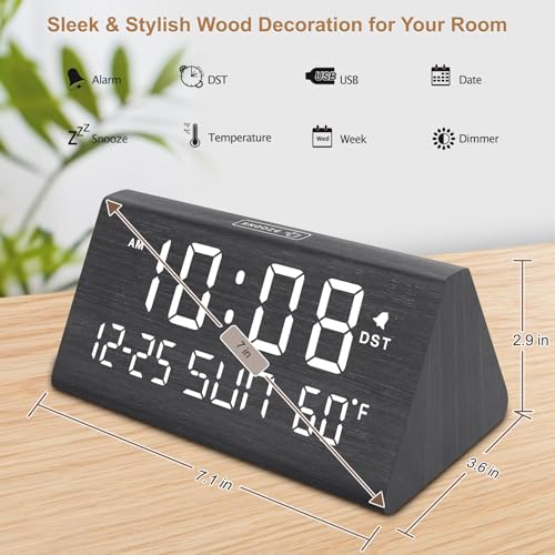 Wooden Digital Alarm Clock with USB Charging Port & Temperature Display