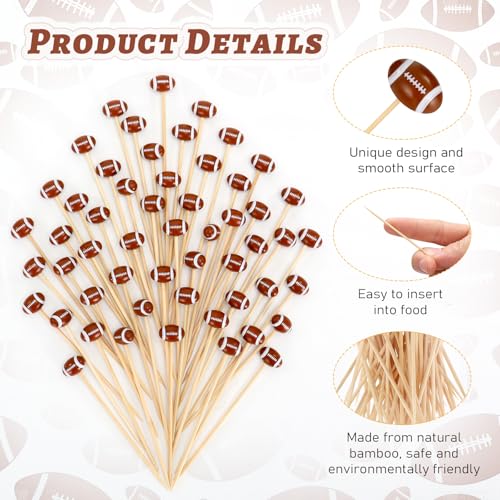 KINYFY Football 3D Cocktail Picks - 100 Long Bamboo Toothpicks for Party Decorations