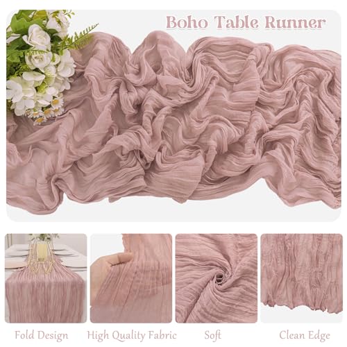 10 Pack Dusty Pink Cheesecloth Table Runners, 10ft Boho Gauze Table Decor