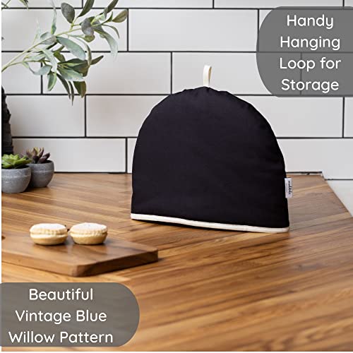 Large Insulated Tea Cozy, 100% Cotton Black Teapot Warmer Cover
