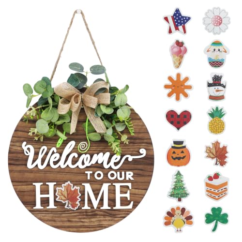 Interchangeable Welcome Sign Front Door Wreath - 12-Inch Rustic Wood Decor