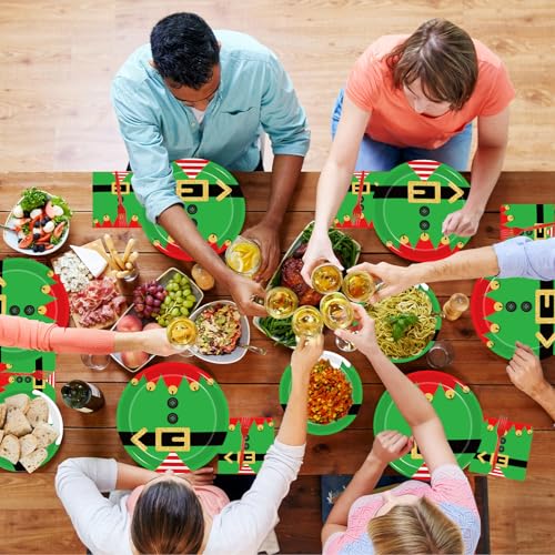 Elf Christmas Party Plates & Napkins Set (96Pcs) - Includes 24 Dinner Plates, 24 Dessert Plates, 24 Napkins & 24 Forks (Variation: Elf) - KEPEEL