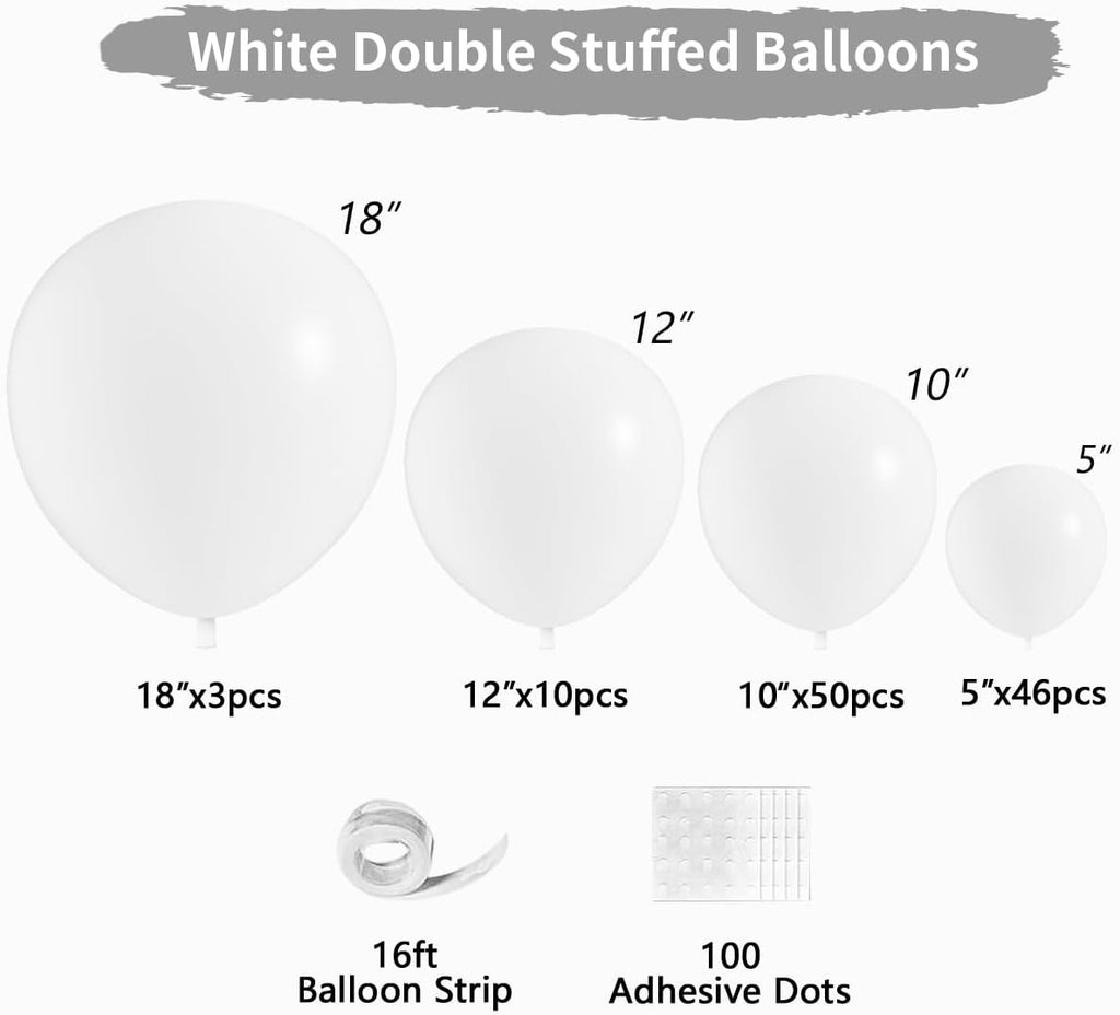 White Double Stuffed Balloons by [Brand Name] - 115Pcs in Various Sizes for Birthday & Wedding Decor