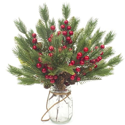 Grunyia 10 Pcs Artificial Pine Cone Picks with Red Berries - Christmas Tree Wreaths