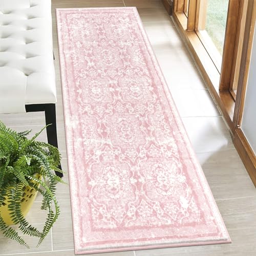 2x6 ft Pink Vintage Shaggy Runner Rug, Non-Slip Washable Boho Kitchen Mat