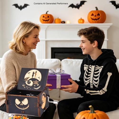 Engraved Wooden Hand-Crank Music Box - Halloween Themed Melody Gift