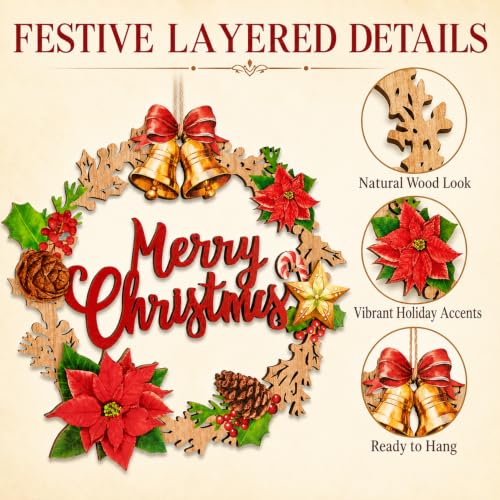 SWEKKE Style7 Christmas Wooden Door Sign - Hanging Wreath Decor with Bells, Poinsettia & Pine Cone