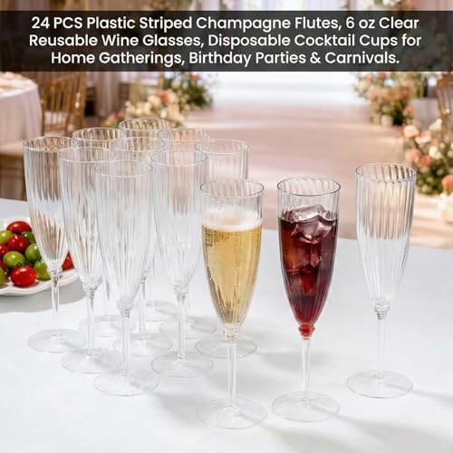 EHLOPMN 24 Pack 6oz Clear Striped Plastic Champagne Flutes – Disposable & Reusable