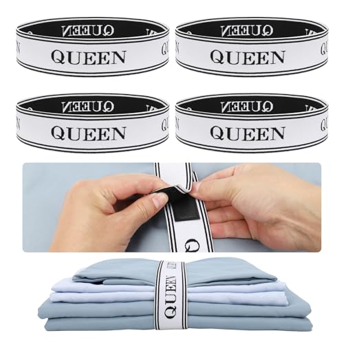 Elastic Bed Sheet Organizer Bands with Hook & Loop Size Labels - 4 Pack