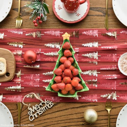 3PCS Red Gold Christmas Tree Gauze Table Runner 28 x 120 Inch Seasonal Holiday Decor