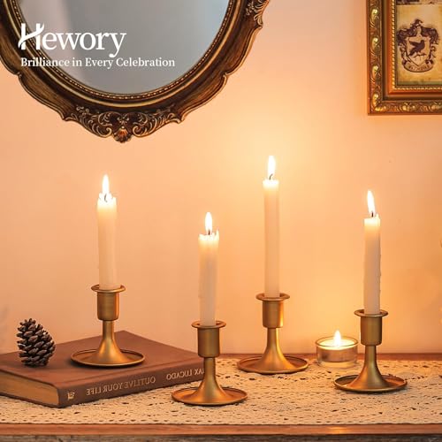 Hewory Gold 12pcs Taper Candle Holder Set for Weddings & Holidays - Small Brass Candlesticks for Centerpieces, Table Decor