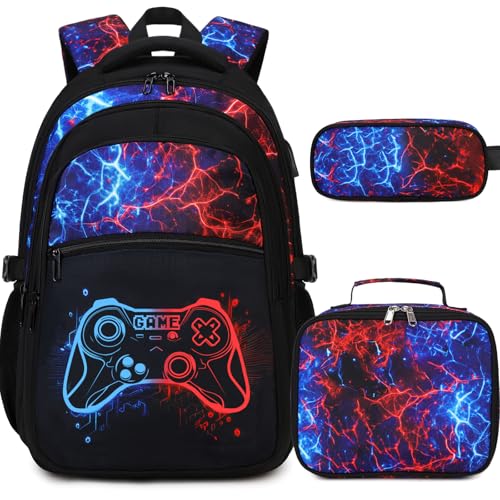 Boys Luminous Gamer School Backpack 3-Piece Set with Lunch Box & USB Port