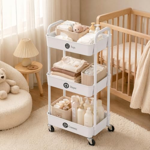3-Tier Rolling Utility Cart with Wheels - Mobile Storage Organizer, White