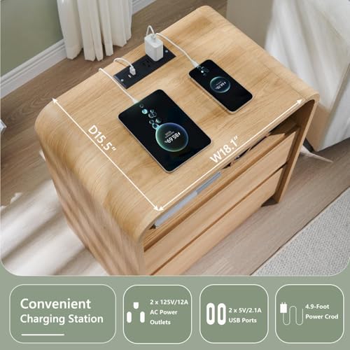 Modern Curved Wood Nightstand with 2 Drawers and Charging Station