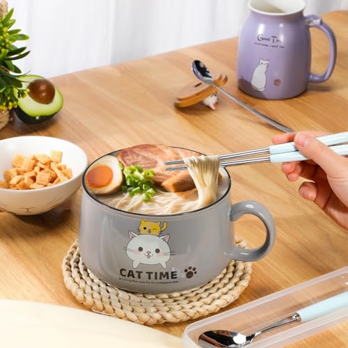 FoldTier Set of 2 Ceramic Cat Mug and Ramen Bowl with Lids - Purple & Gray