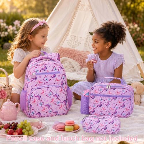 Kids Butterfly Backpack for Girls - 15 Inch School Bookbag with Insulated Pocket