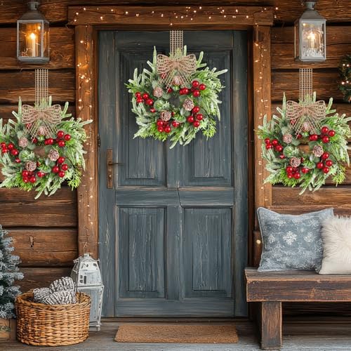 Dingion 18 Pcs Mini Christmas Wreaths for Cabinets with Pine Cones & Bows - 9in