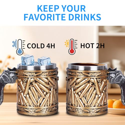 15oz Stainless Steel Gun Mug with Pistol Grip Handle and Bullet Design