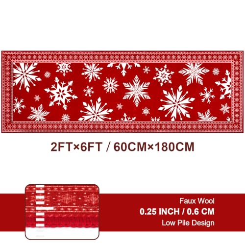 Christmas Snowflake Area Rug 2x6 Runner - Red, Non-Slip, Low-Pile