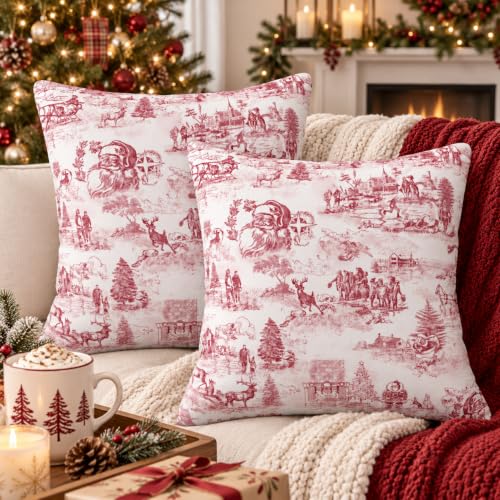 LOHDALOLF Christmas Toile Throw Pillow Covers 18x18 Inches Set of 2 - Holiday Decor