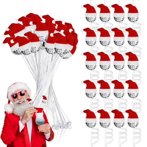 Sliner 48 Pack Christmas Disco Ball Straws & Stirrers with Hats - Reusable Plastic Cocktail Accessories for Holiday Parties